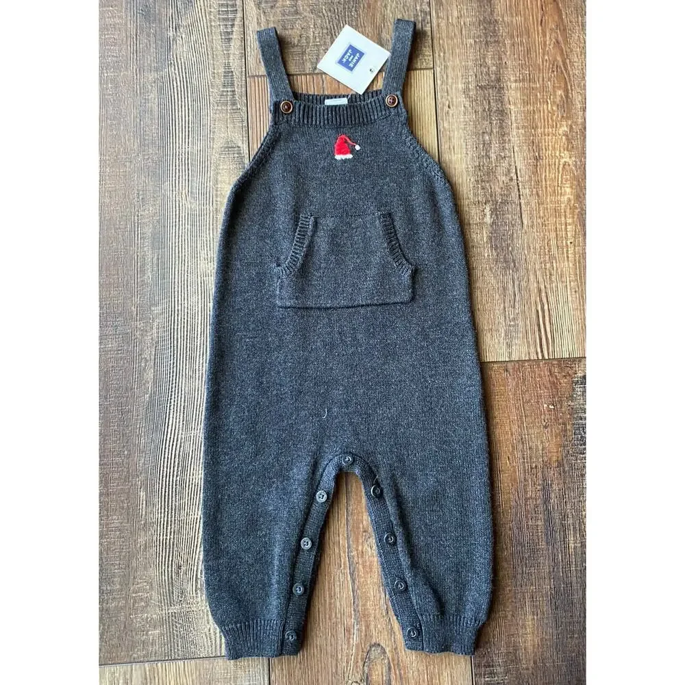 NWT JANIE AND JACK Christmas Santa Hat Sweater Overalls Jumper 0-3 Mo. Gray